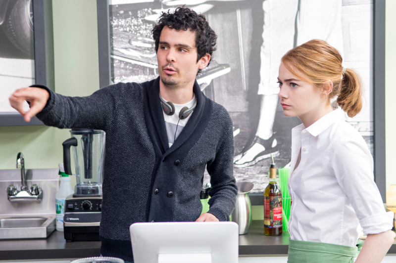 Damien Chazelle and Emma Stone on the set of La La Land (Photo: Lionsgate)